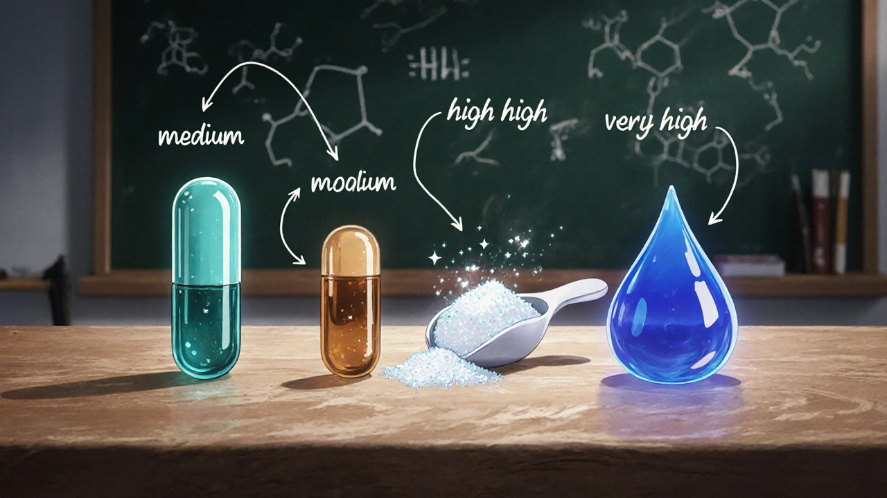 Animated lab display of capsule, softgel, powder, and liquid supplements with glowing arrows indicating absorption.
