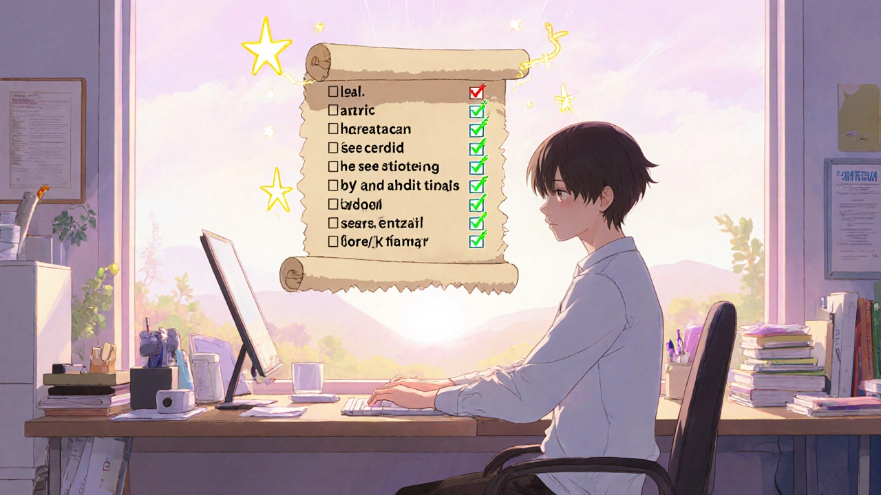 Character at a desk with a floating checklist, smiling as sunrise light fills the room.