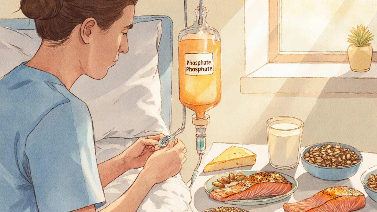 Clinician administering IV phosphate beside a display of phosphate‑rich foods in a warm setting.