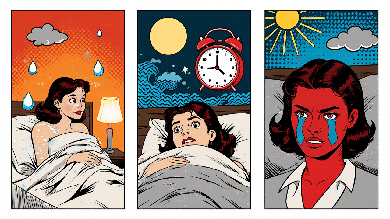 Comic-style scenes of night sweats, insomnia, and mood swings during menopause.