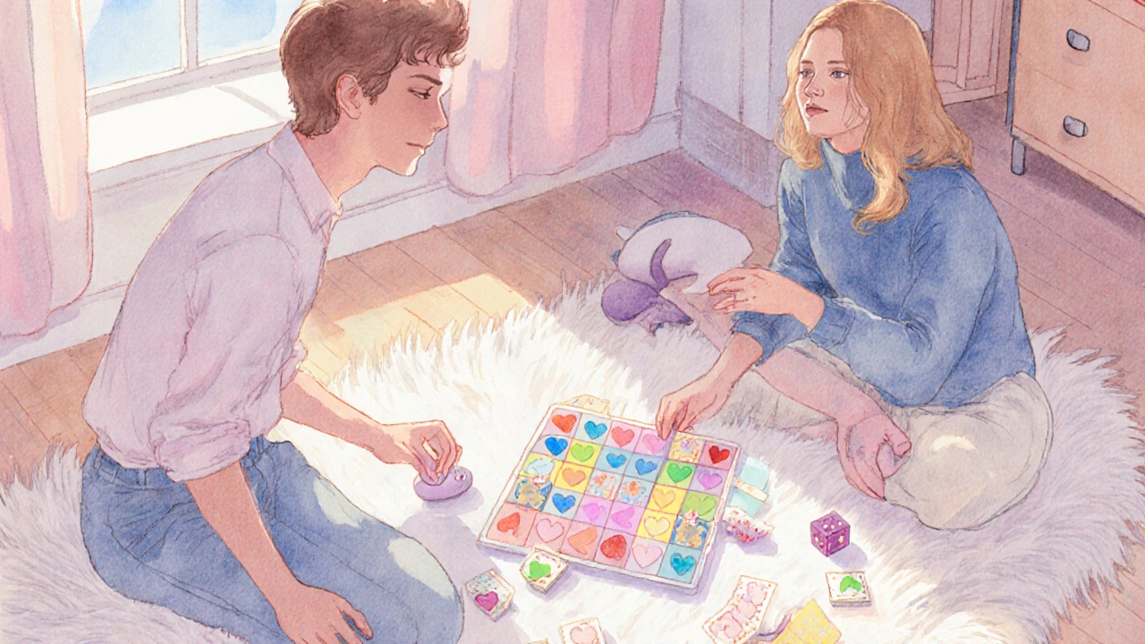 Couple laughing on a rug while playing a colorful intimacy board game with a discreet vibrator nearby.
