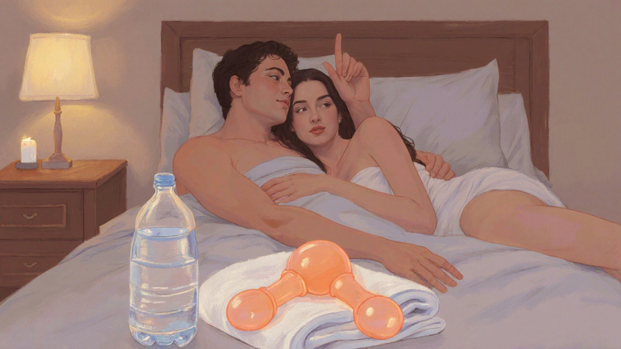 Couple relaxing in bedroom, holding each other, a clean toy on a towel, candlelight and safe‑word gesture.