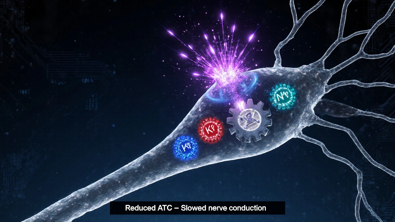 Cross‑section of neuron showing ion channels and purple phosphate powering the ATPase pump.