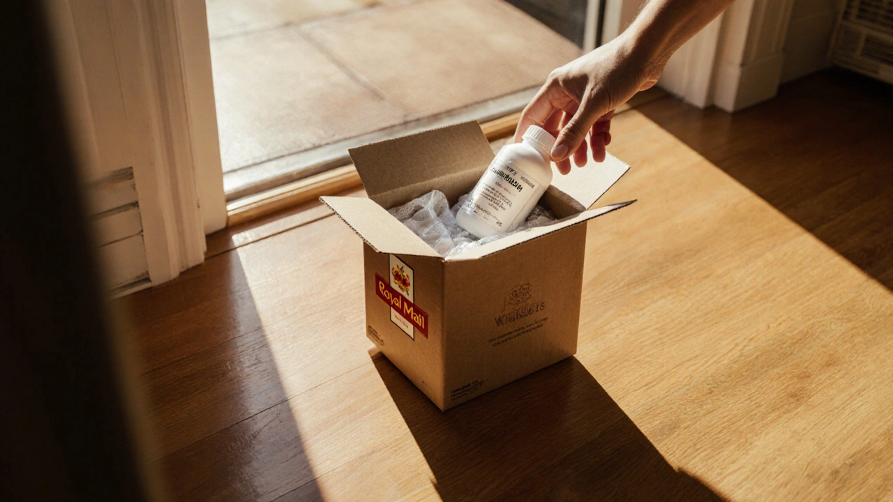 Delivered parcel opened to reveal a bottle of antiviral tablets on a doorstep.
