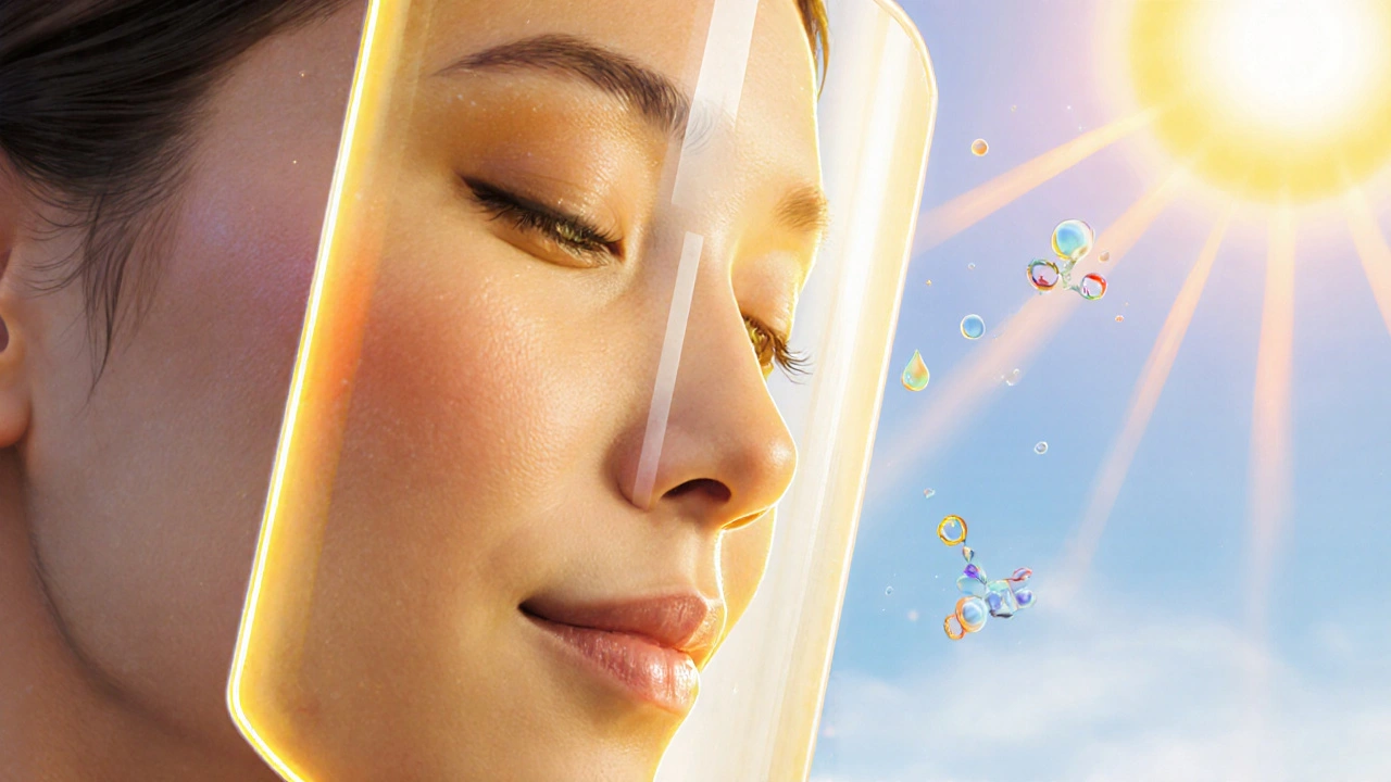 Digital painting of a glowing sunscreen shield protecting a woman&#039;s skin from sun.