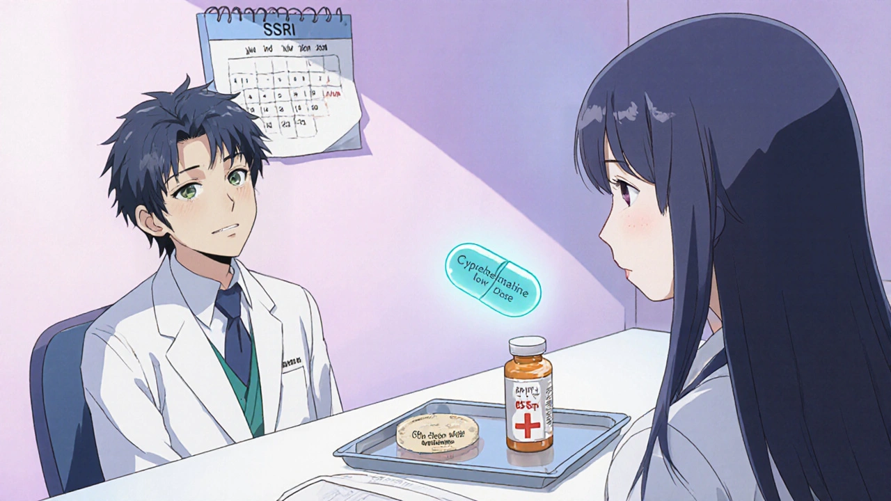 Doctor and patient discuss safe medication pause, with calendar and antidote pill.
