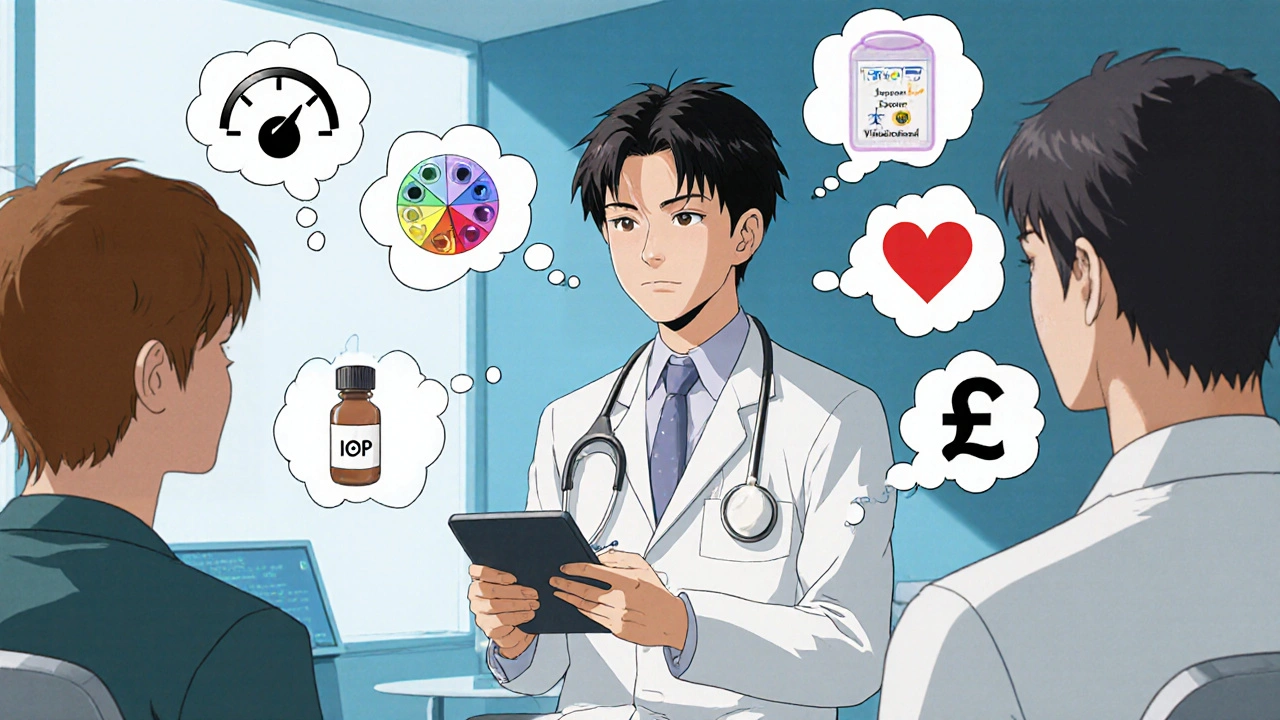 Doctor consulting patient with thought bubbles of IOP, cosmetics, cost, and health.