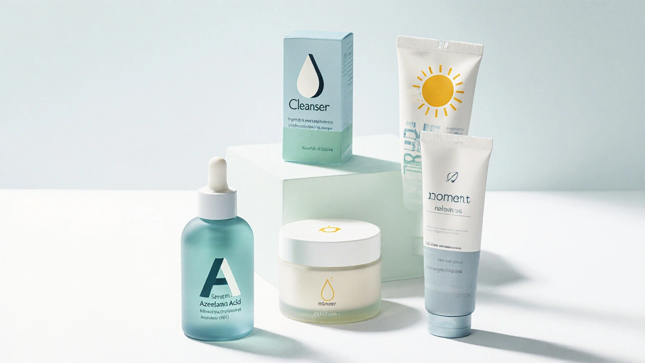 Flat‑lay of cleanser, serum, moisturizer, and sunscreen arranged like a pyramid.
