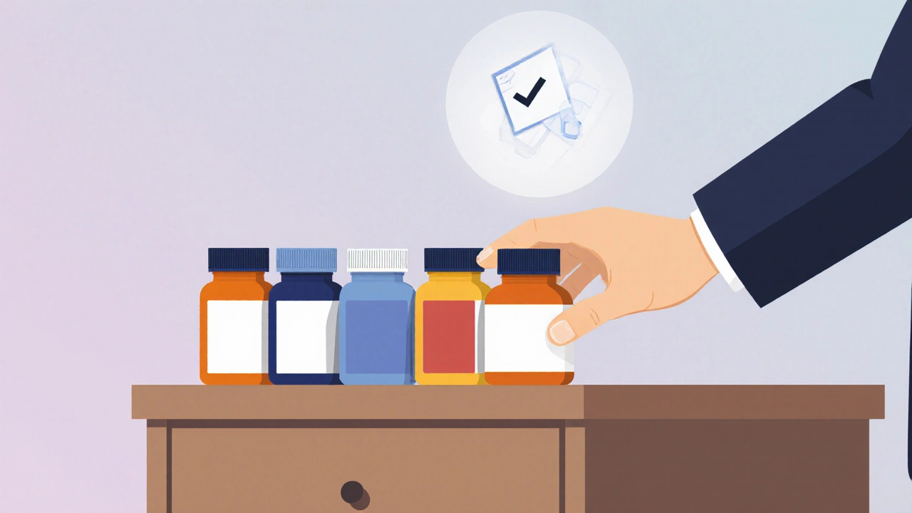 Flat scene of various ED/PE pill bottles on nightstand, hand reaching for Extra Super Levitra.