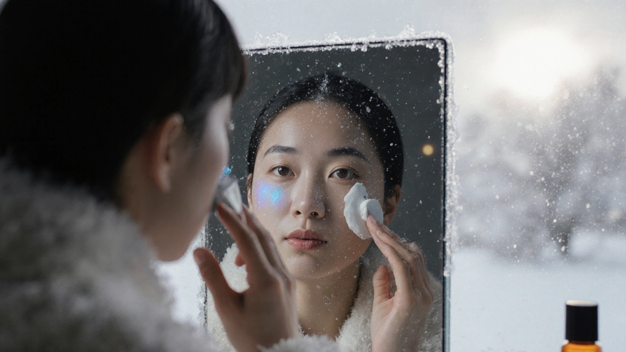 Hand applying azelaic acid cream to a face in a frosty mirror, ceramide auroras rising from skin.