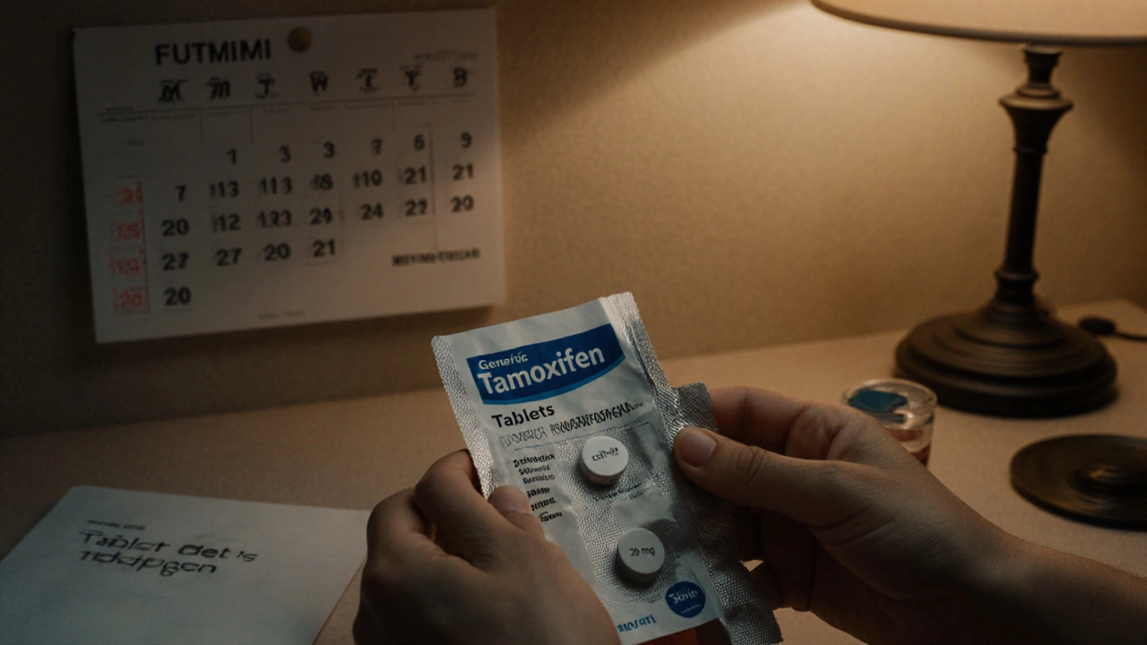 Hands opening a parcel revealing a sealed tamoxifen bottle and calendar.