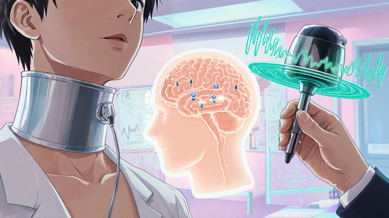 Illustration of VNS neck cuff, brain with RNS leads, and TMS coil in clinic.