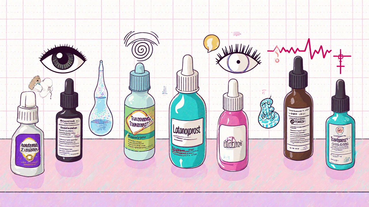Lineup of seven eye‑drop bottles with icons for side‑effects and mechanisms.