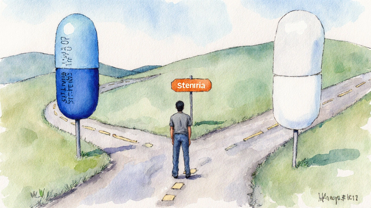 Man at a crossroads with pill‑shaped paths representing different medication choices.