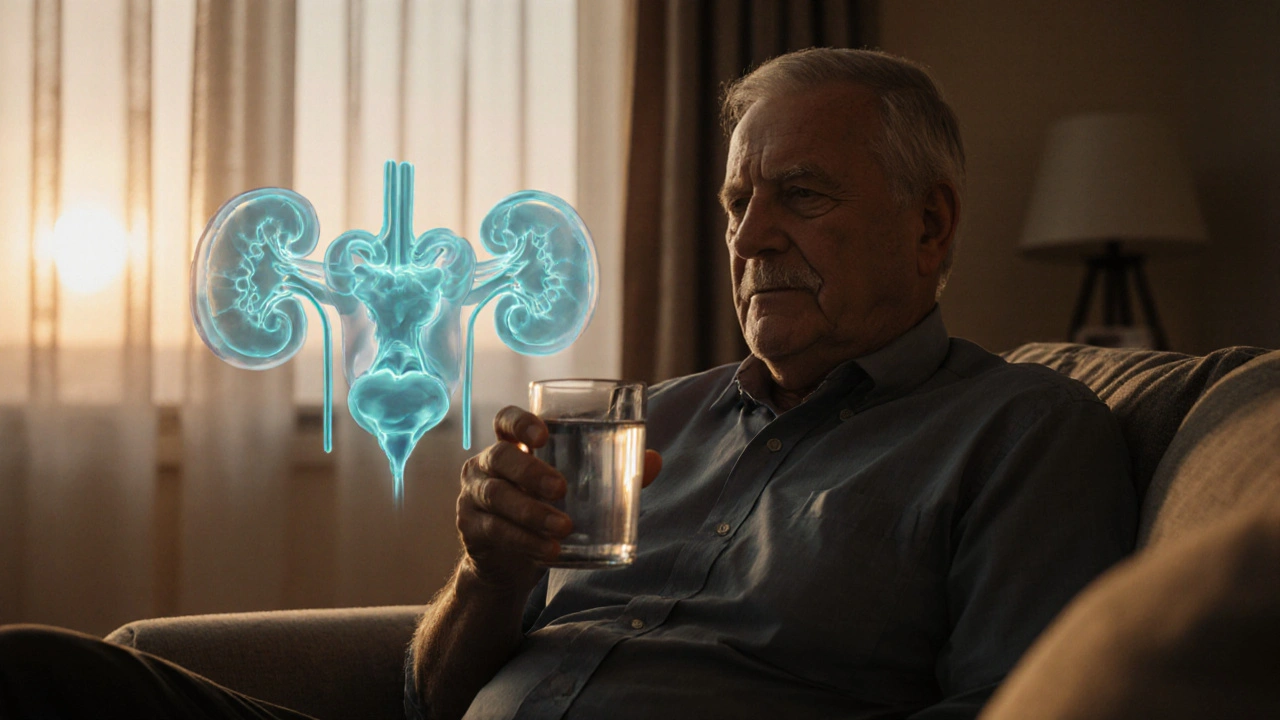 Man drinks water in living room; faint kidney and bladder outlines glow softly in background.