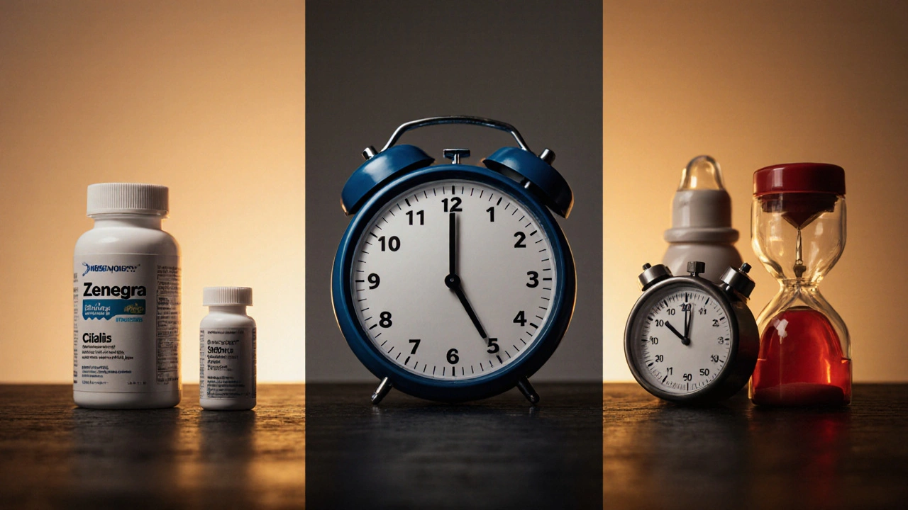 Medication bottles with clocks and hourglasses illustrating onset and duration times.