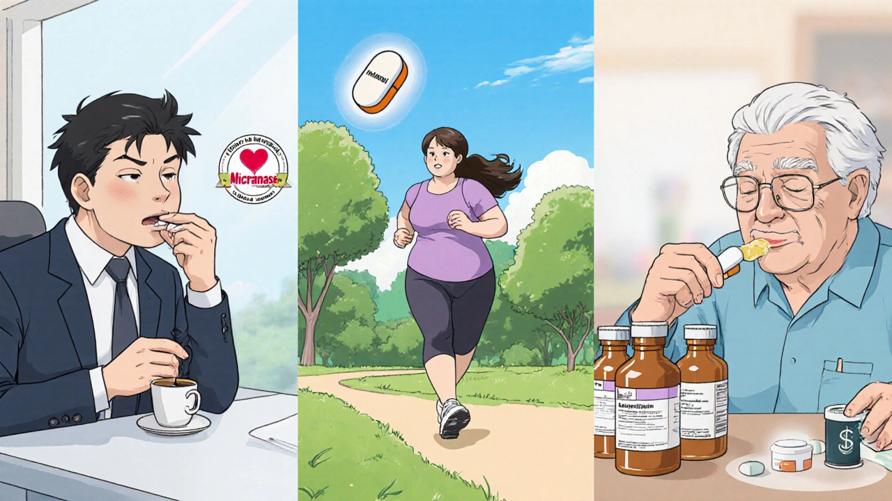 Montage of three people: professional with Micronase, woman jogging with Metformin, elderly with Sitagliptin.