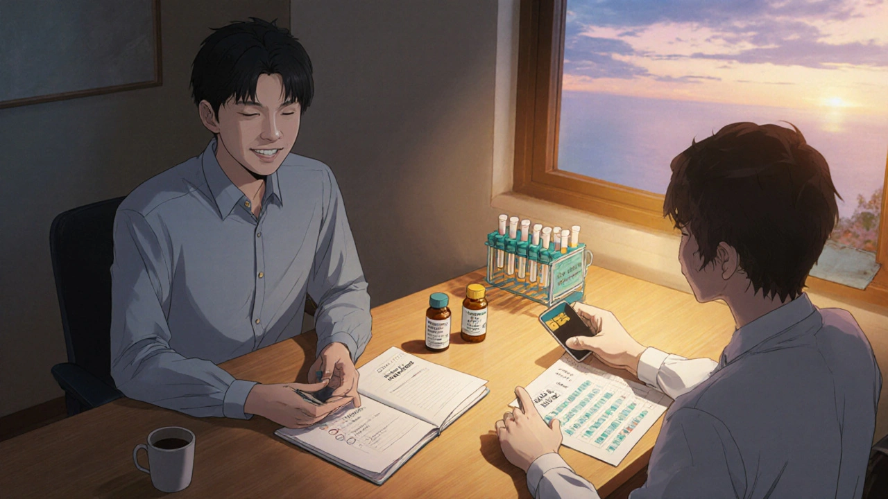 Patient with doctor reviewing supplements and checklist in a warm clinic setting.