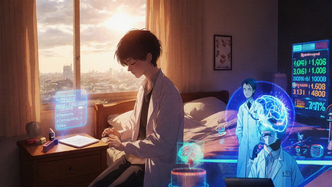 Person taking flunarizine beside a holographic diary, with seasonal weather outside and lab researchers measuring blood flow.