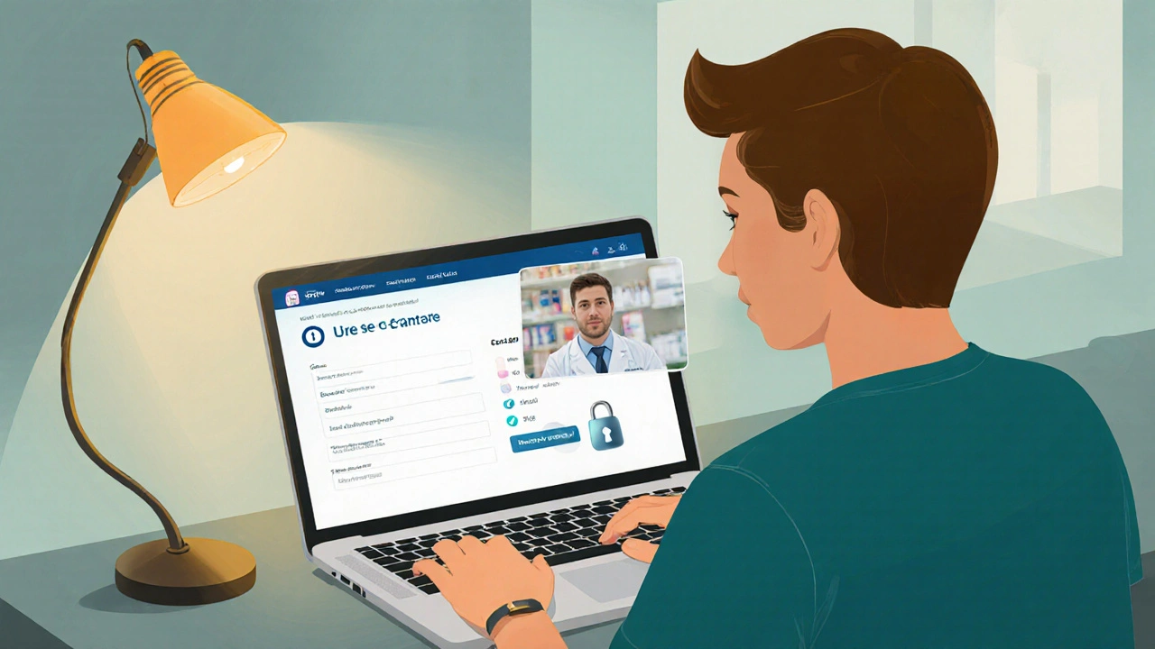 Person using a laptop for a secure online pharmacy e‑consult with padlock icon.