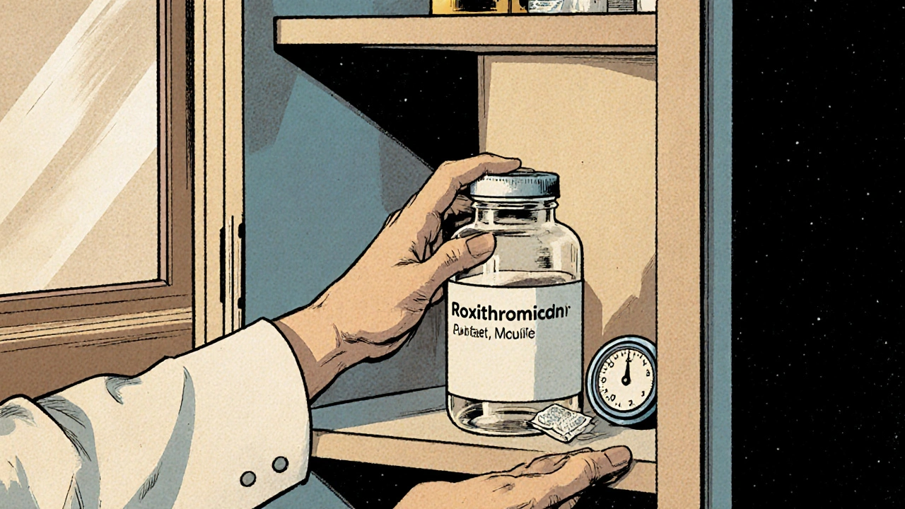 Pharmacist opens kitchen cabinet showing roxithromycin bottle, desiccant, and thermometer.