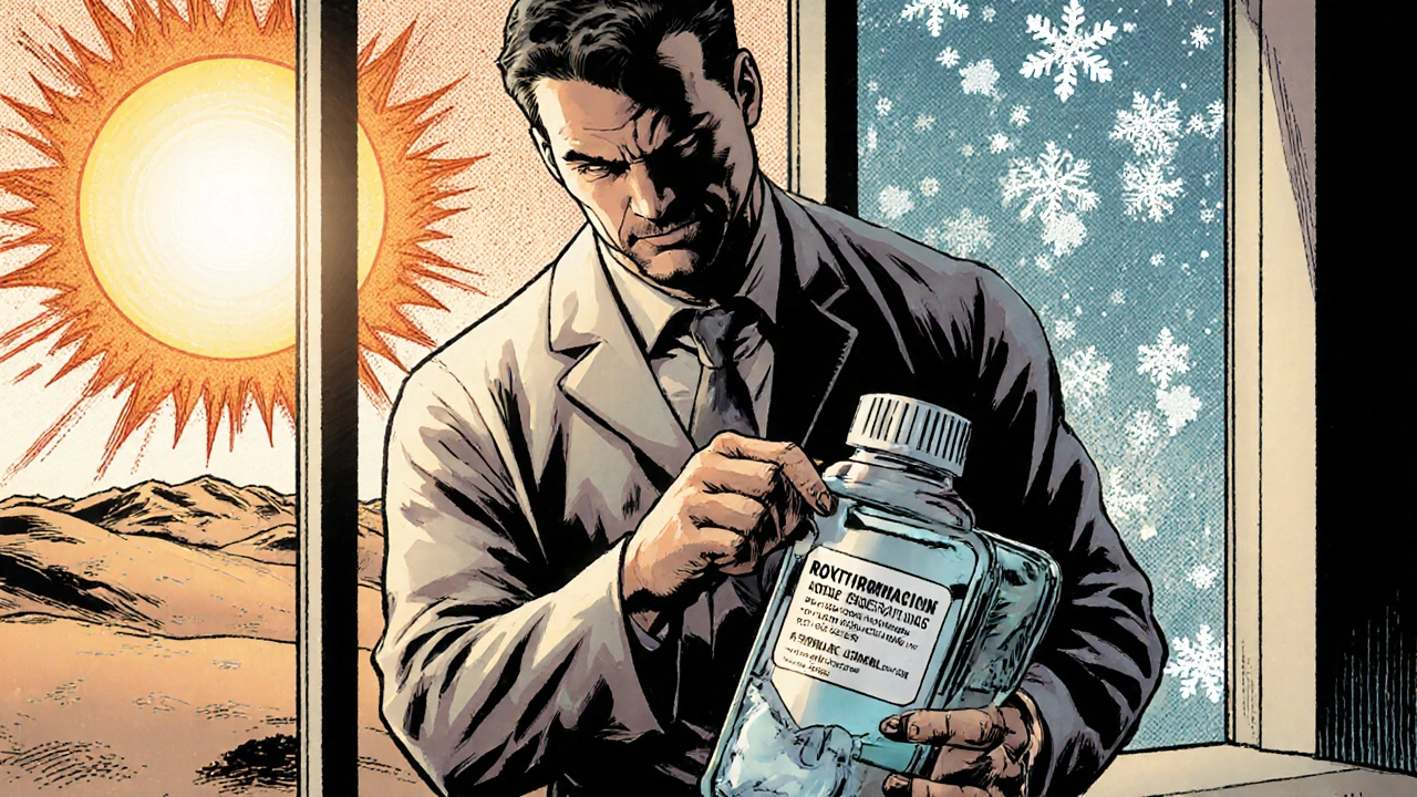 Pharmacist places roxithromycin in insulated pouch at airport with sun and snow outside.