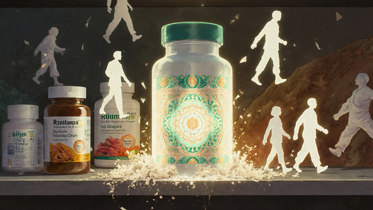 Rumalaya Forte bottle glowing on a shelf as other supplements crumble, patients moving toward it.