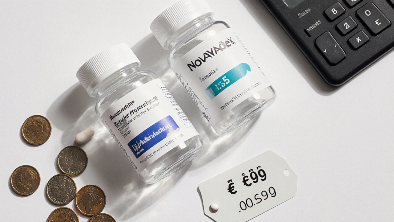 Side‑by‑side view of brand and generic tamoxifen bottles with price symbols.