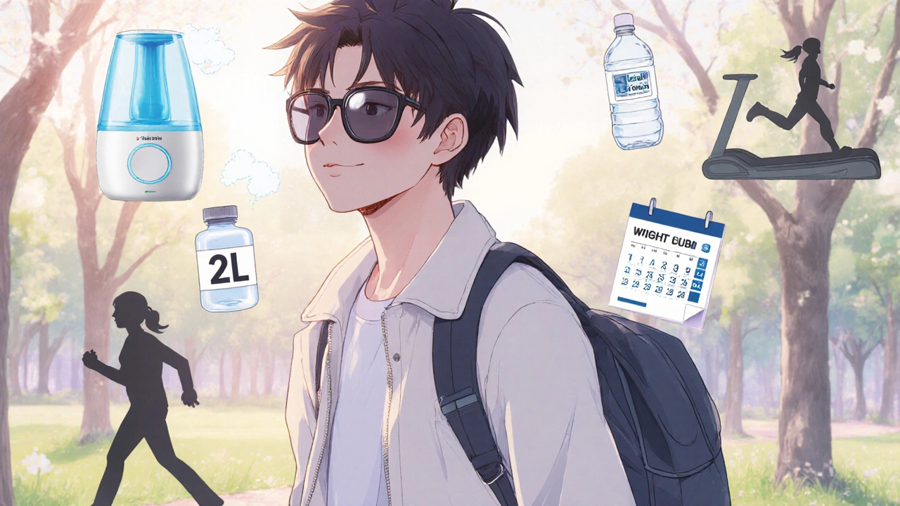 Smiling person in a park with sunglasses, humidifier, water bottle, and flunarizine bottle, representing lifestyle tips.