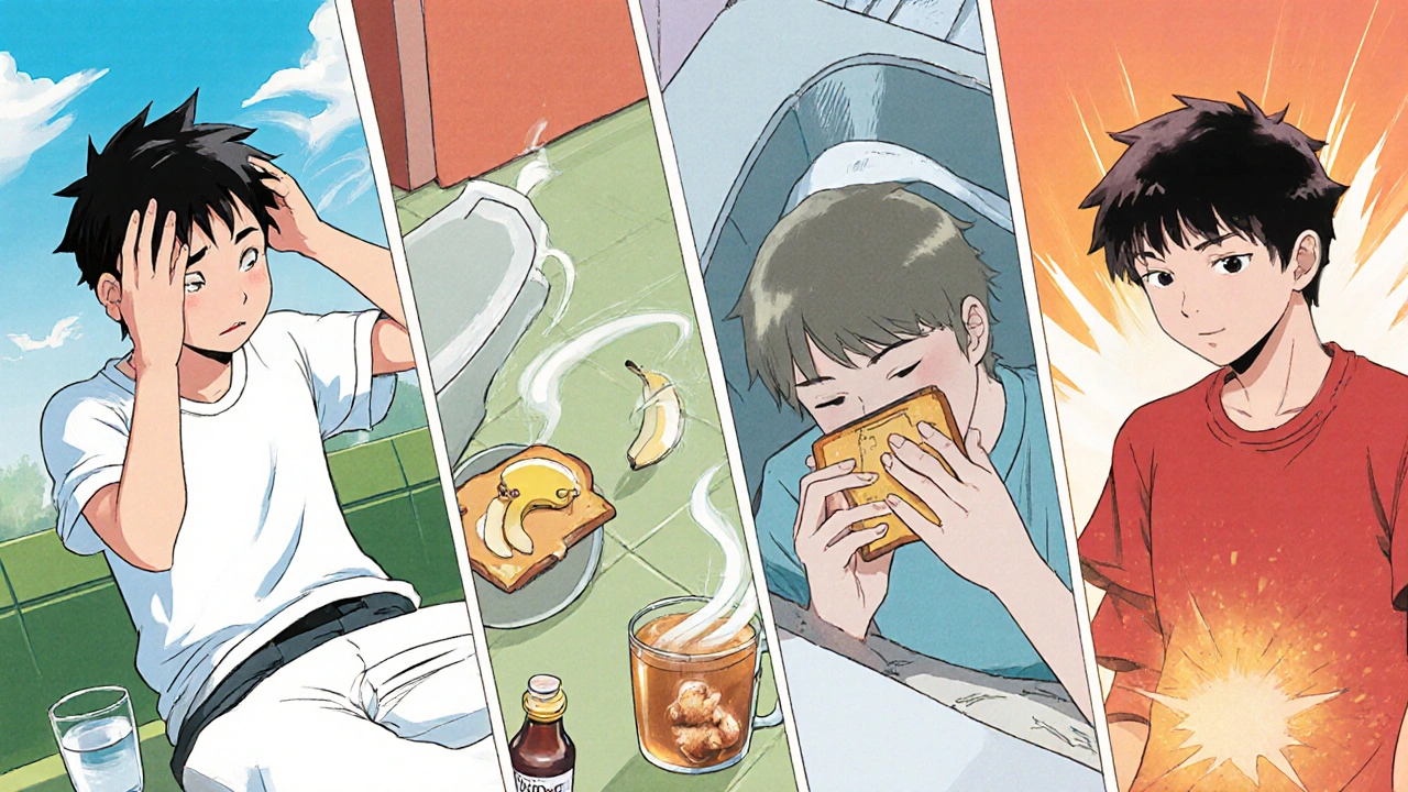 Split illustration of side effects: headache, diarrhea, nausea, abdominal pain with coping items.