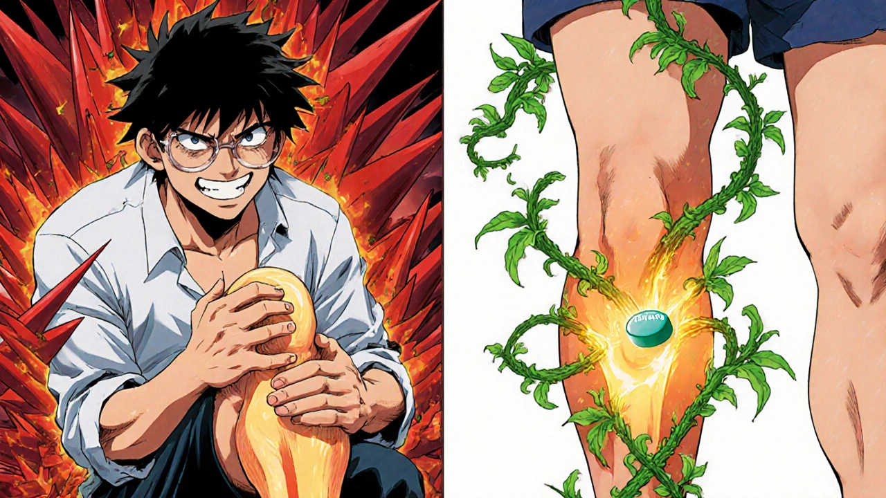 Split scene: one side shows pain with red spikes, the other shows relief with glowing green vines.