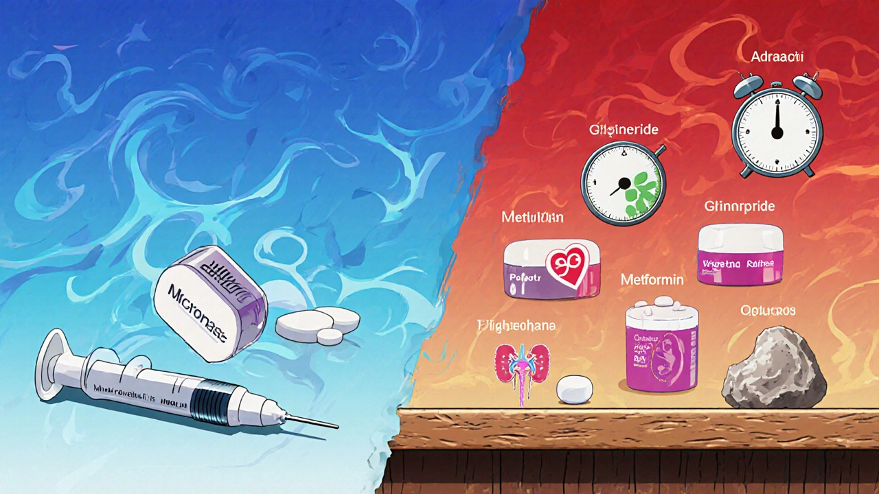 Split-screen display of six diabetes pills with icons for weight, heart, and kidney effects.