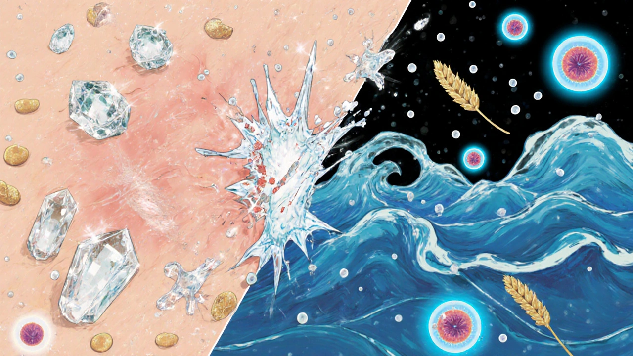 Split-screen: harsh acids damaging skin vs. azelaic acid gently repairing it with flowing waves.