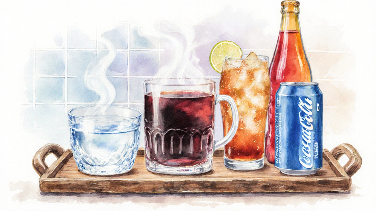 Water, herbal tea, coffee, wine, soda, and sports drink on a tray with colored glows indicating spasm risk.