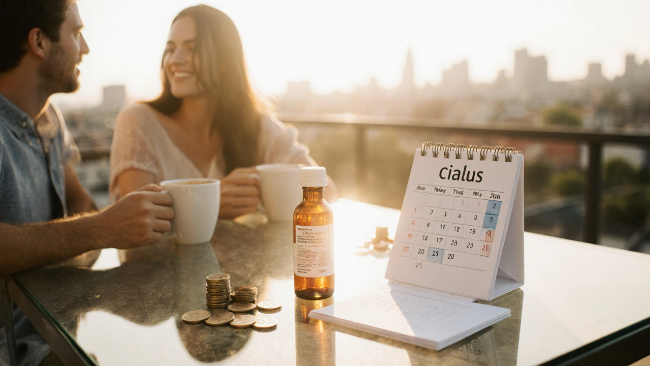 Weekend balcony with couple, Cialis bottle, coins and calendar highlighting spontaneous plans.