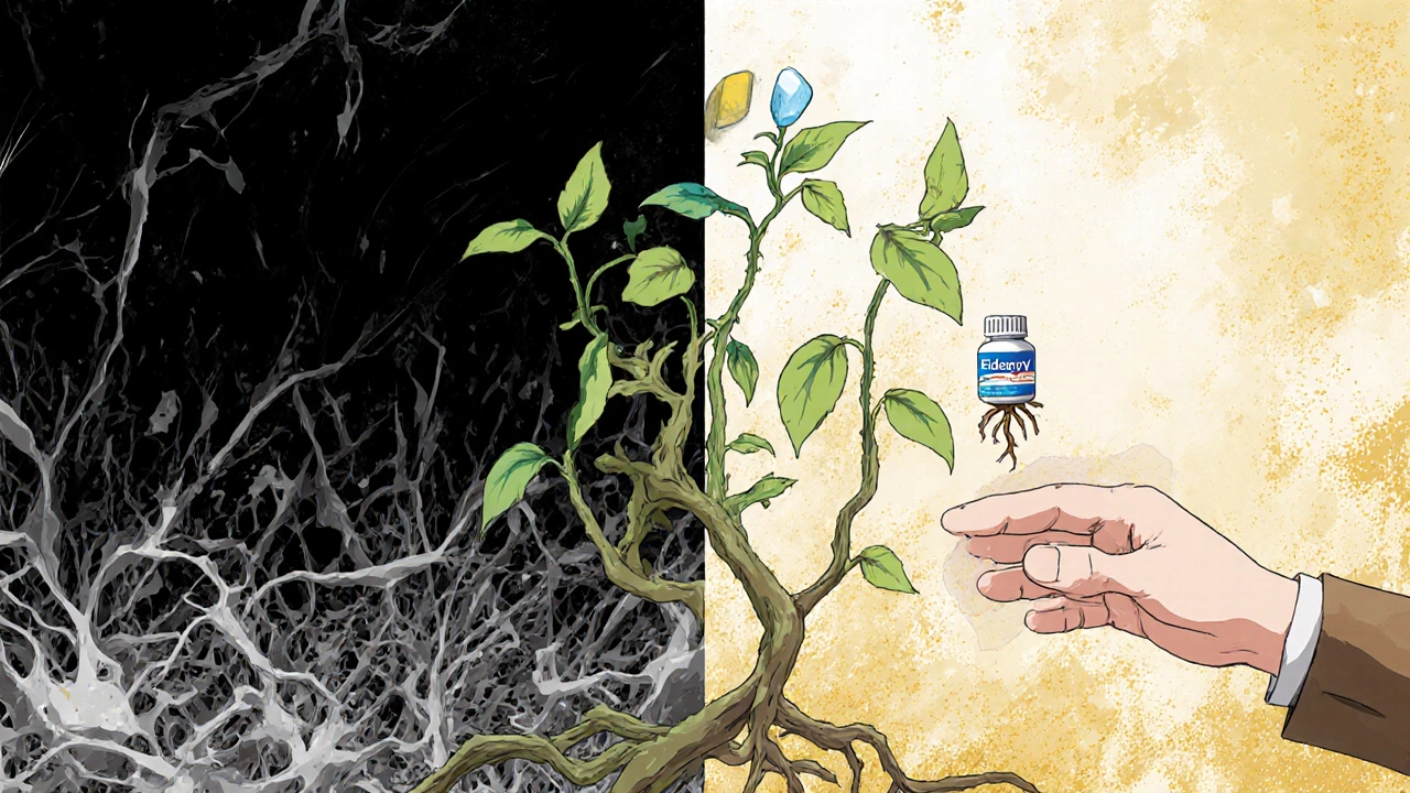 A contrasting scene of degenerating neurons versus thriving dopamine pathways, with a hand reaching across.