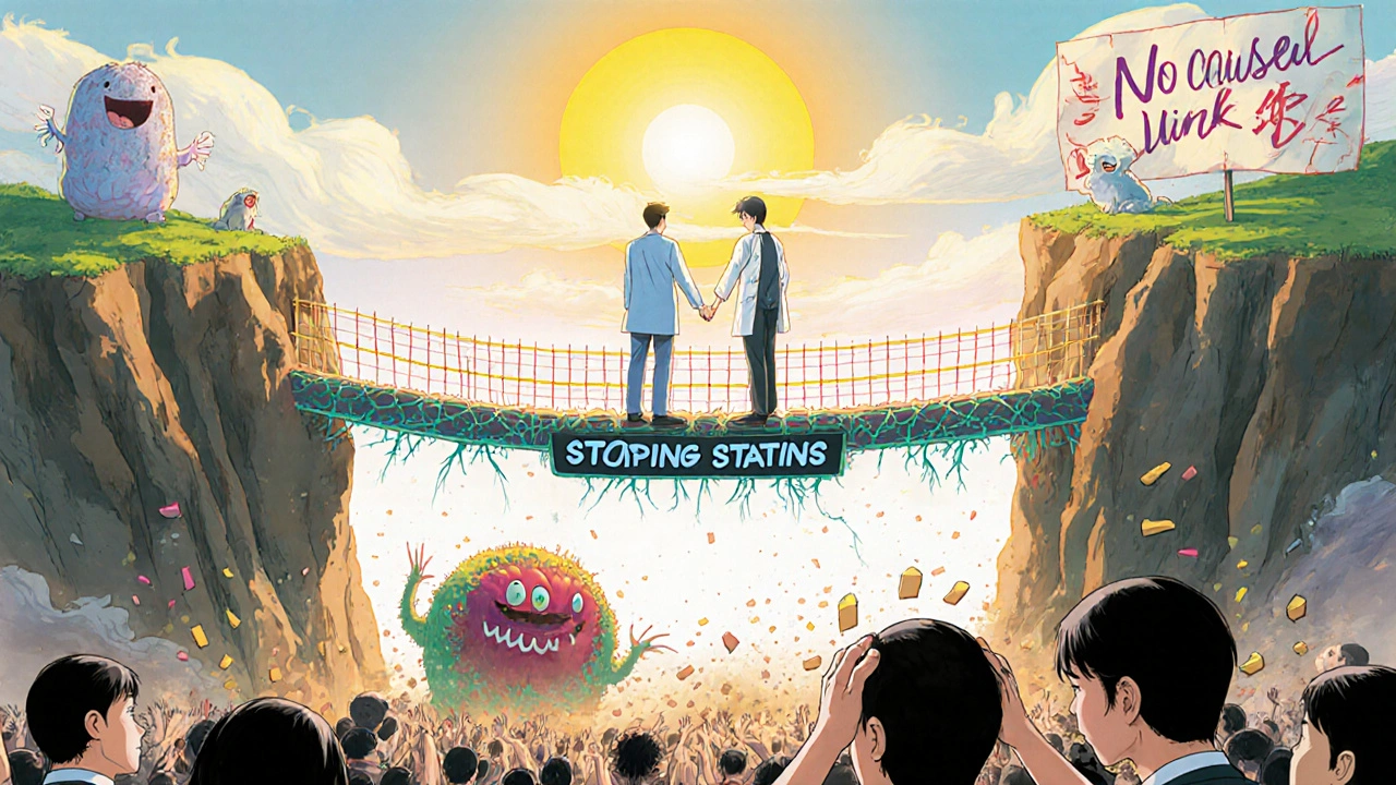 A doctor and cardiologist guide a patient away from a cliff labeled &#039;Stopping Statins&#039; as fear monsters dissolve in the background.