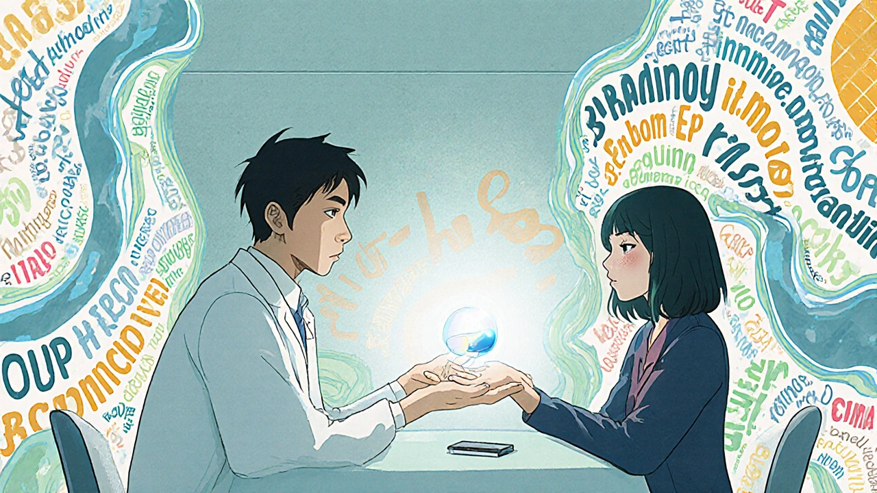 A doctor and patient share a quiet moment as emotional text flows around them, guiding a glowing generic pill into the patient’s hand.