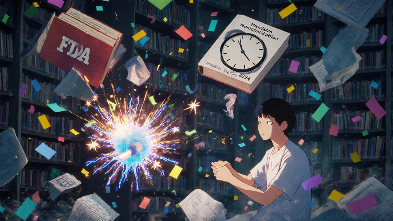 A floating library explodes into confetti revealing neurons lit by anti-inflammatory light, showing statins may protect against ALS.