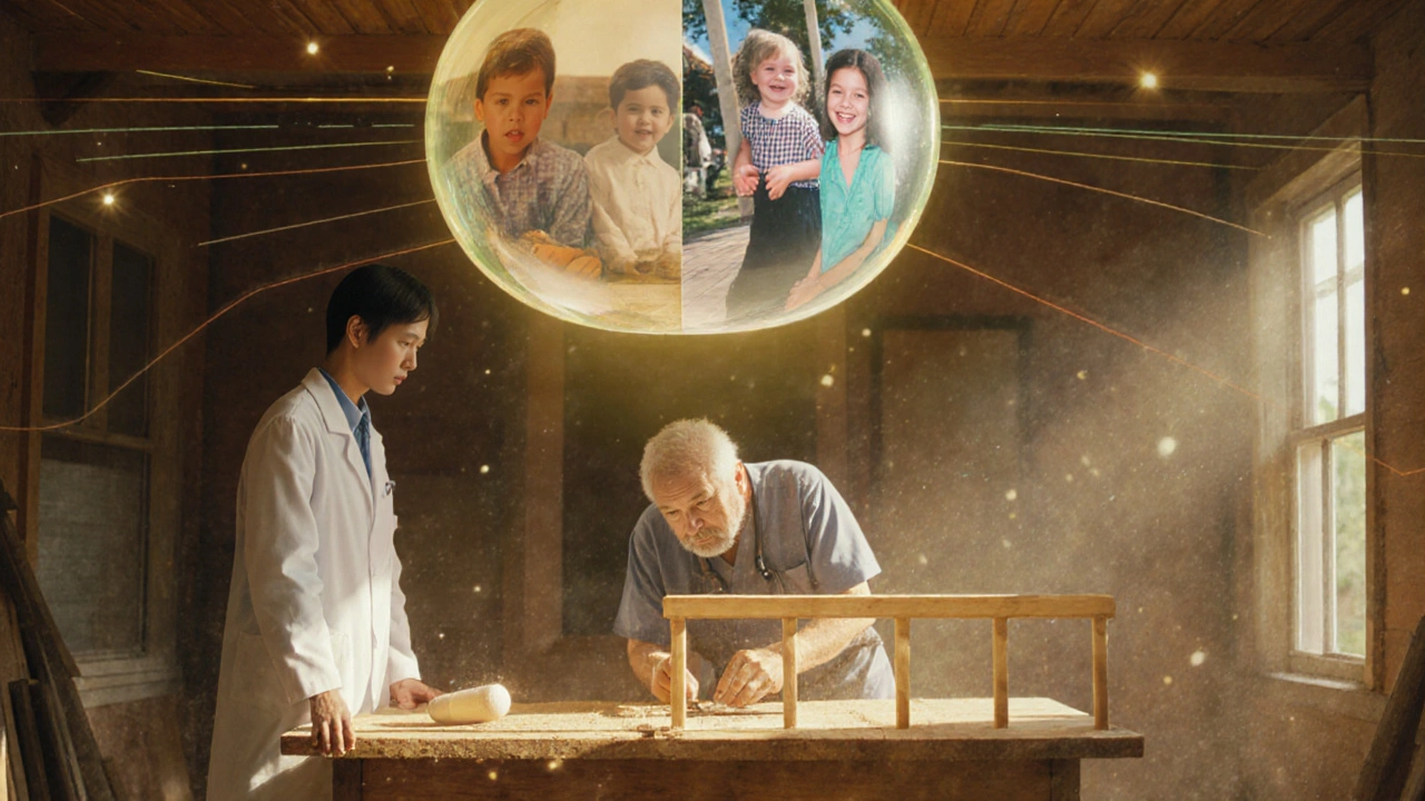 A man builds a porch while a translucent generic pill hovers above, refracting scenes of his life and family’s joy.