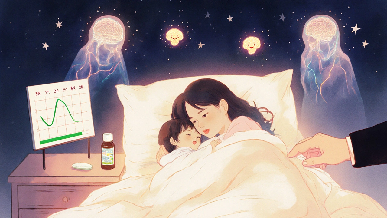 A mother and baby curled together as anxiety fades into stars, with sertraline bottle nearby.