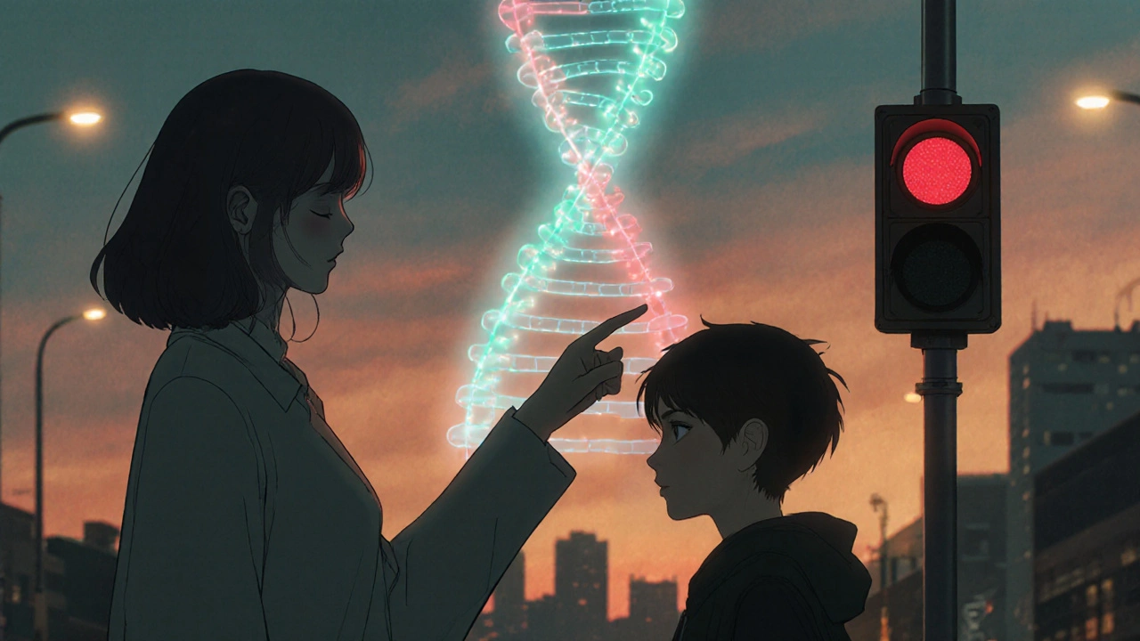 A mother and son at a traffic light, with a glowing X chromosome ribbon behind them.