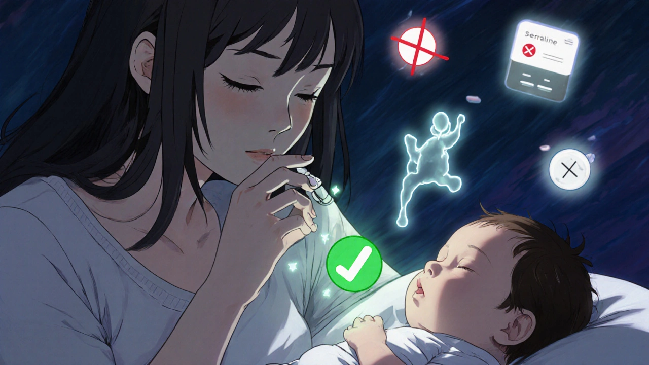 A mother takes medication after feeding; glowing molecules drift from her breast milk while safe drugs shine above her baby.