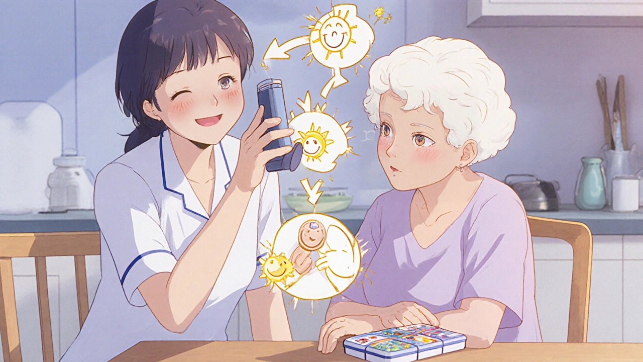 A nurse and older woman use a visual guide to learn how to use an inhaler at a kitchen table.