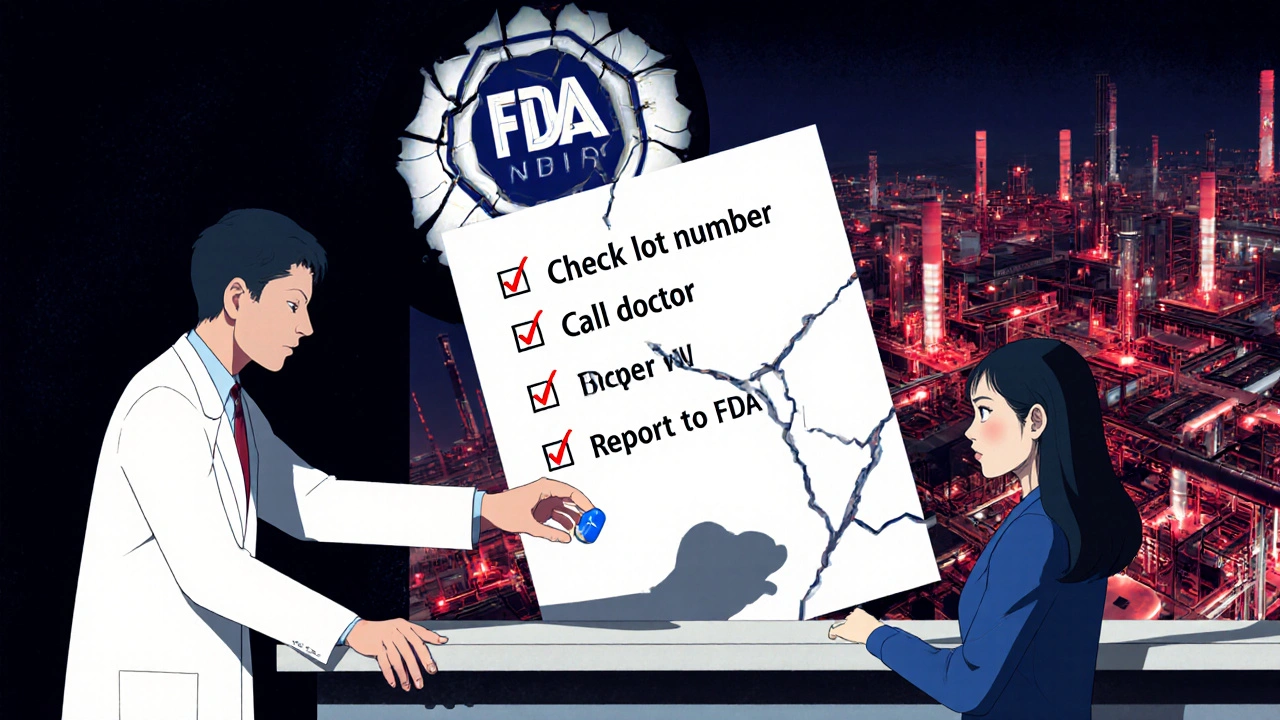 A patient and pharmacist at a counter, with the patient&#039;s shadow showing a safety checklist and factory warning lights behind them.