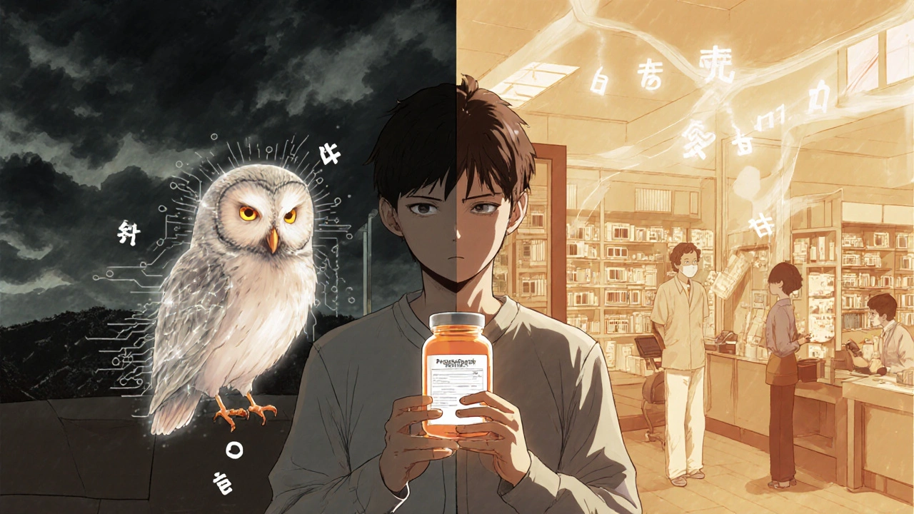 A patient at home receives digital medication reminders from a floating AI assistant in a rural setting.