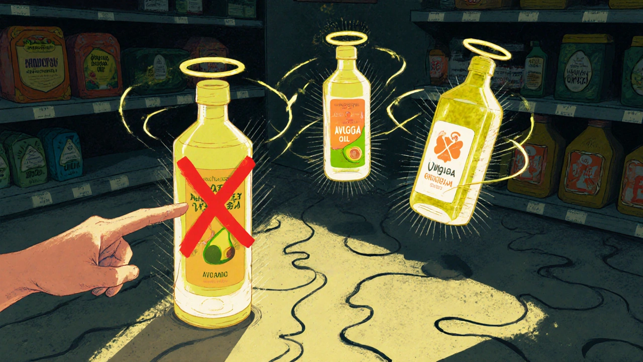 A person choosing healthy oils in a grocery store, with glowing bottles as heroes and a rejected blended oil marked with an X.
