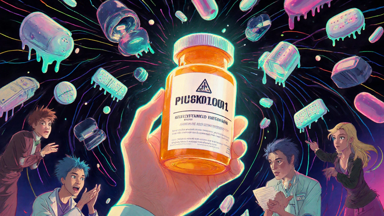 A person holding a bottle with a glowing lot number, surrounded by surreal images of contaminated medicine and machines.