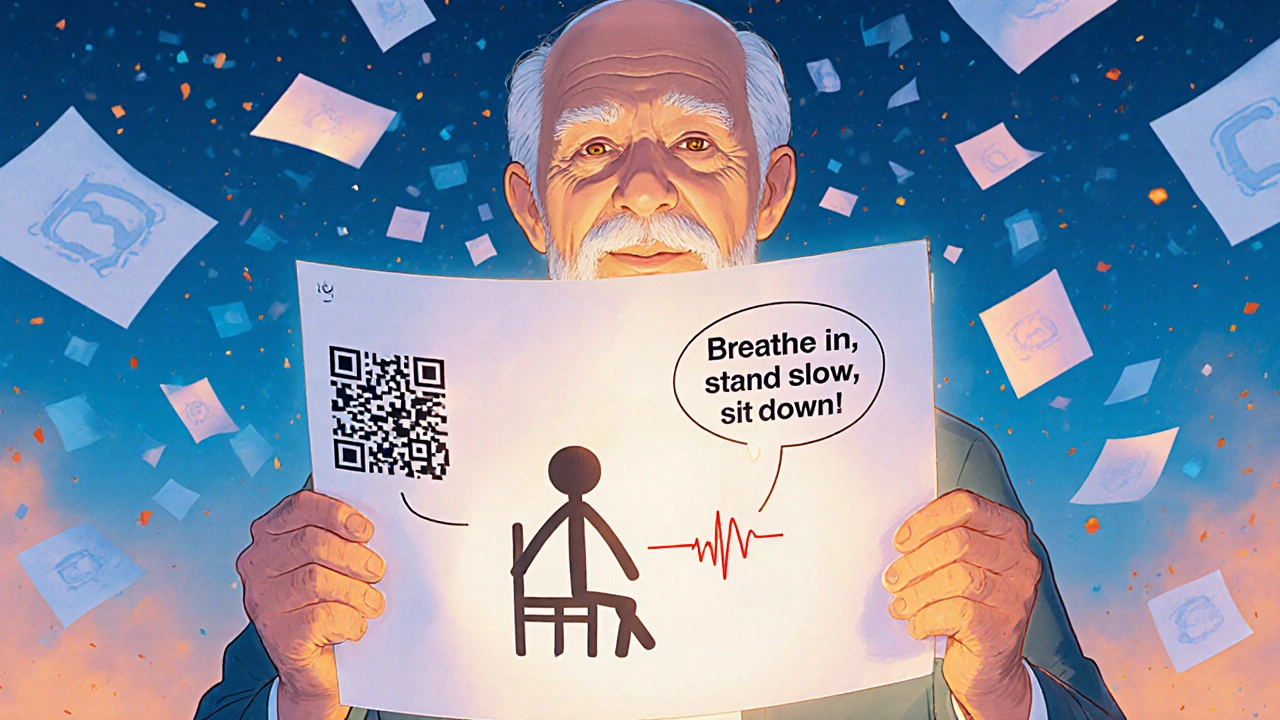 A senior watches a floating animated video explaining exercises, with a glowing QR code nearby.