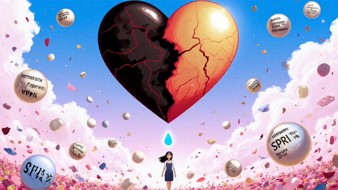 A split heart symbolizing treated vs. untreated depression in a surreal medical landscape.